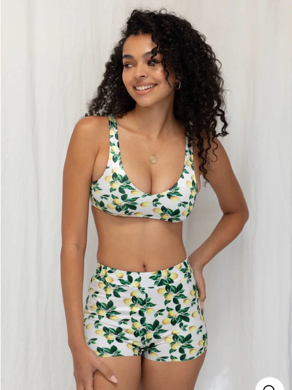 Lemon Print Scoop Bralette & Short Set - White/Green